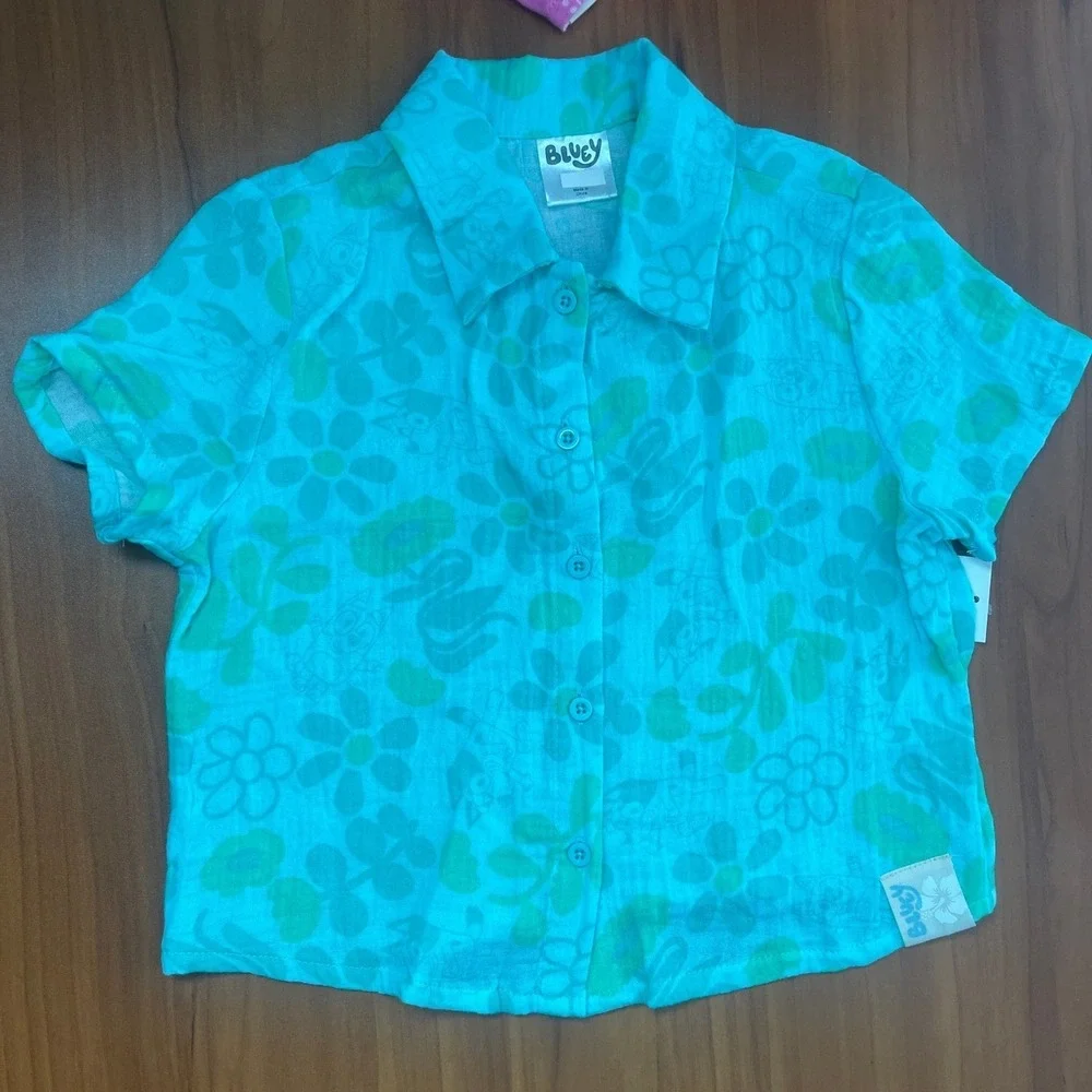 2-Sets Bluey and Moana Girls Cotton Gauze Shirt & Shorts Sets Cotton XL Size 14